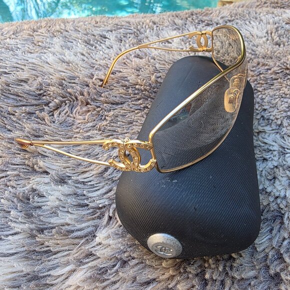 Authentic Chanel Gold Sunglasses crystal CC main image 11